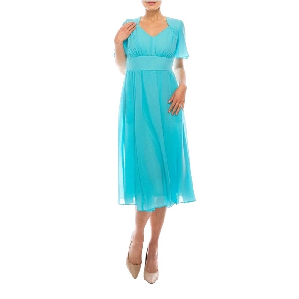 Gabby Skye Flutter Sleeve Dress Chiffon A-Line 91220MG Blue Womens NEW Sz 16